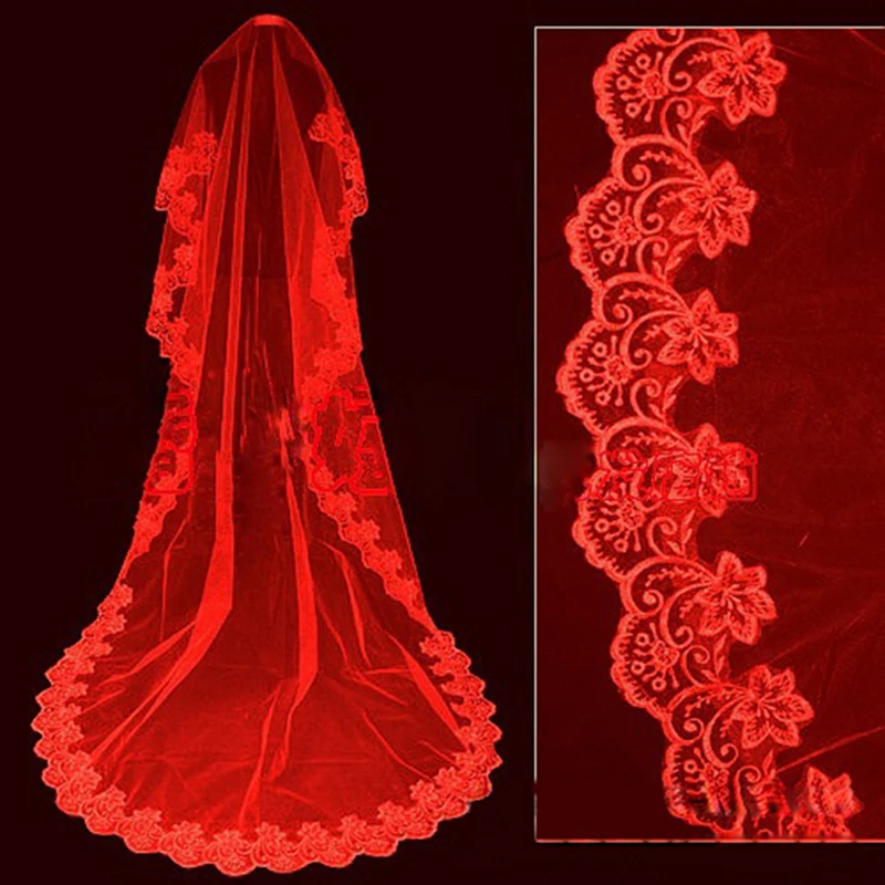 

Free shipping Super hot Red one layer 3M wedding dress veil bridal veil accessories Cathedral Sky-V094