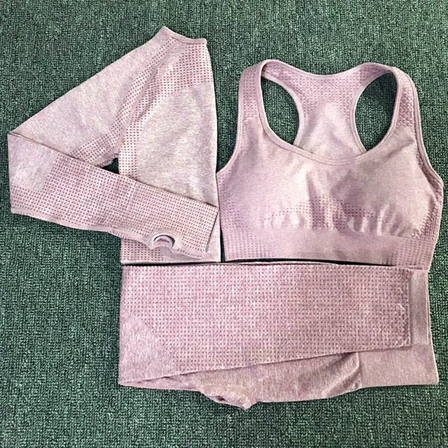 Pink 3Pcs Set Комплект из 3 предметов для йоги, Vital, бесшовные леггинсы, спортивный бюстгальтер, укороченный Топ с длинным рукавом, женская одежда для бега, тренажерного зала, с высокой талией, спортивный костюм для фитнеса - Цвет: Pink 3Pcs Set