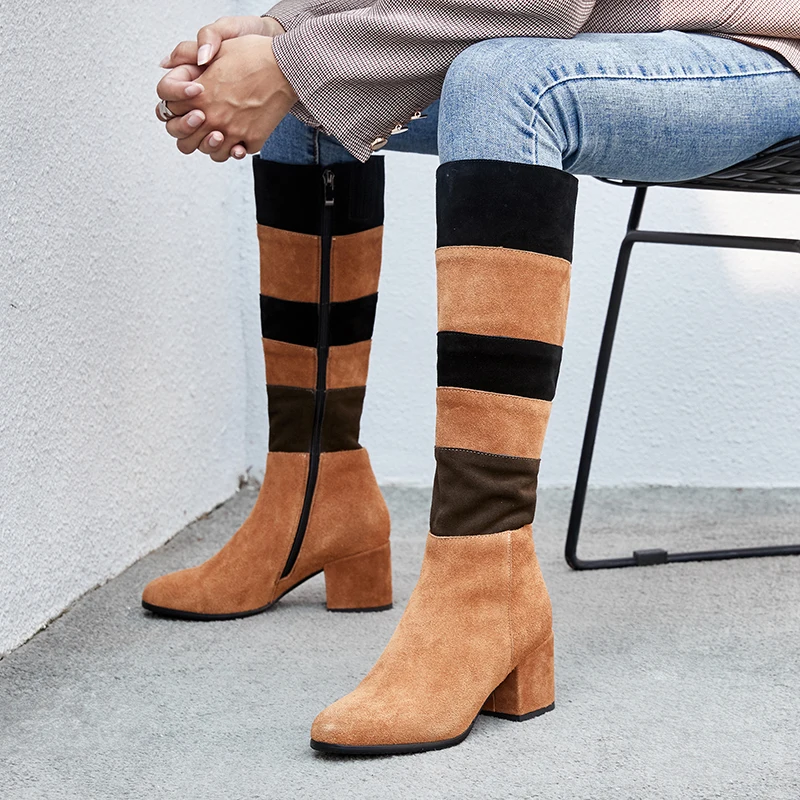 

ISNOM Winter Cow Suede Women Boots Stitching Round Toe Zip Footwear Thick High Heels Female Boot Knee High Shoes Woman 2018 New