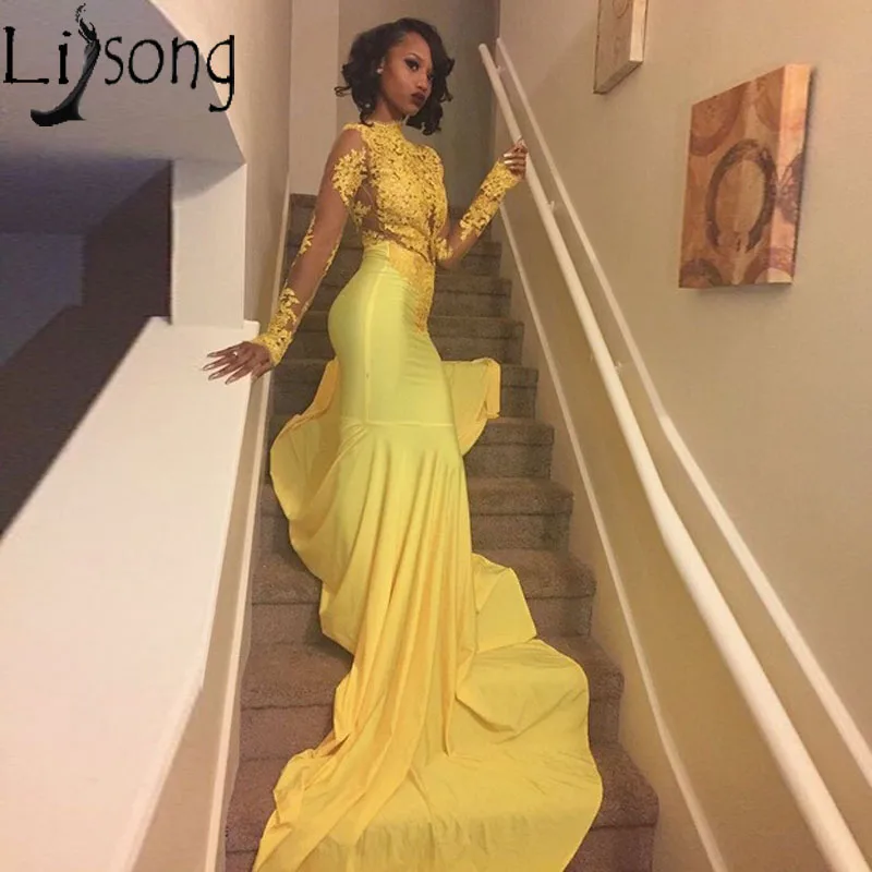 Sexy African Yellow Mermaid Prom Dresses 2018 Long Sleeves Lace Appliques Dress Evening Party Gowns Vestido De Festa | Свадьбы и