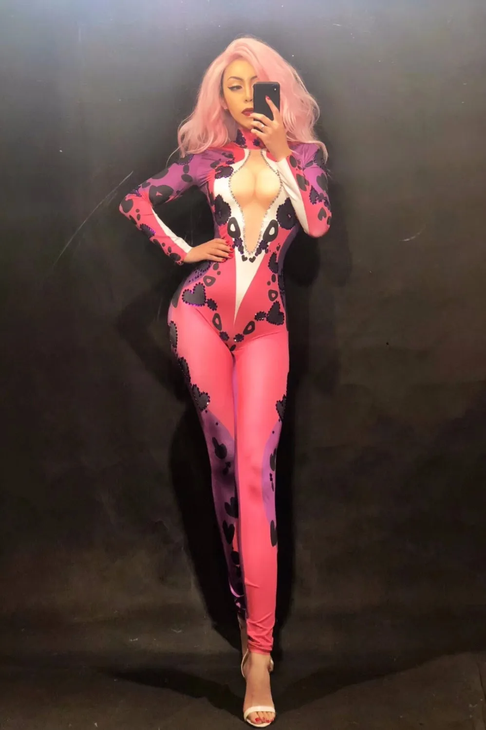 Women Sexy Nightclub Costumes for Singer Red 3D Printed Black Flower Sparkling Crystals Bodysuit Custom-Made | Тематическая одежда