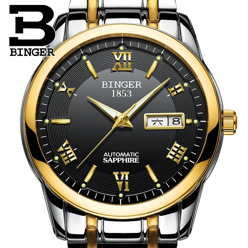 Mens Watches Top Brand Luxury Automatic Mechanical Watch Clock BINGER 2017 New Series Auto Date Golden case relogio masculino| |