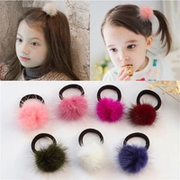 kids cute fur hair accessories headwear 100 mink ball rubber headbands girls solid color pom pom elastic hair band rubber band