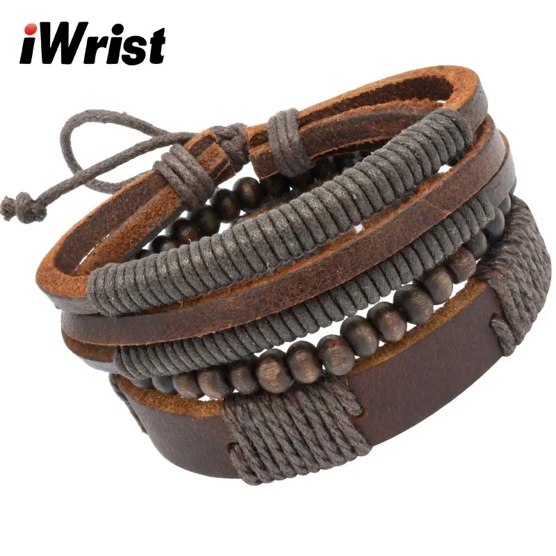 IWrist 2019 Мужской винтажный многослойный широкий кожаный браслет из бисера ручной