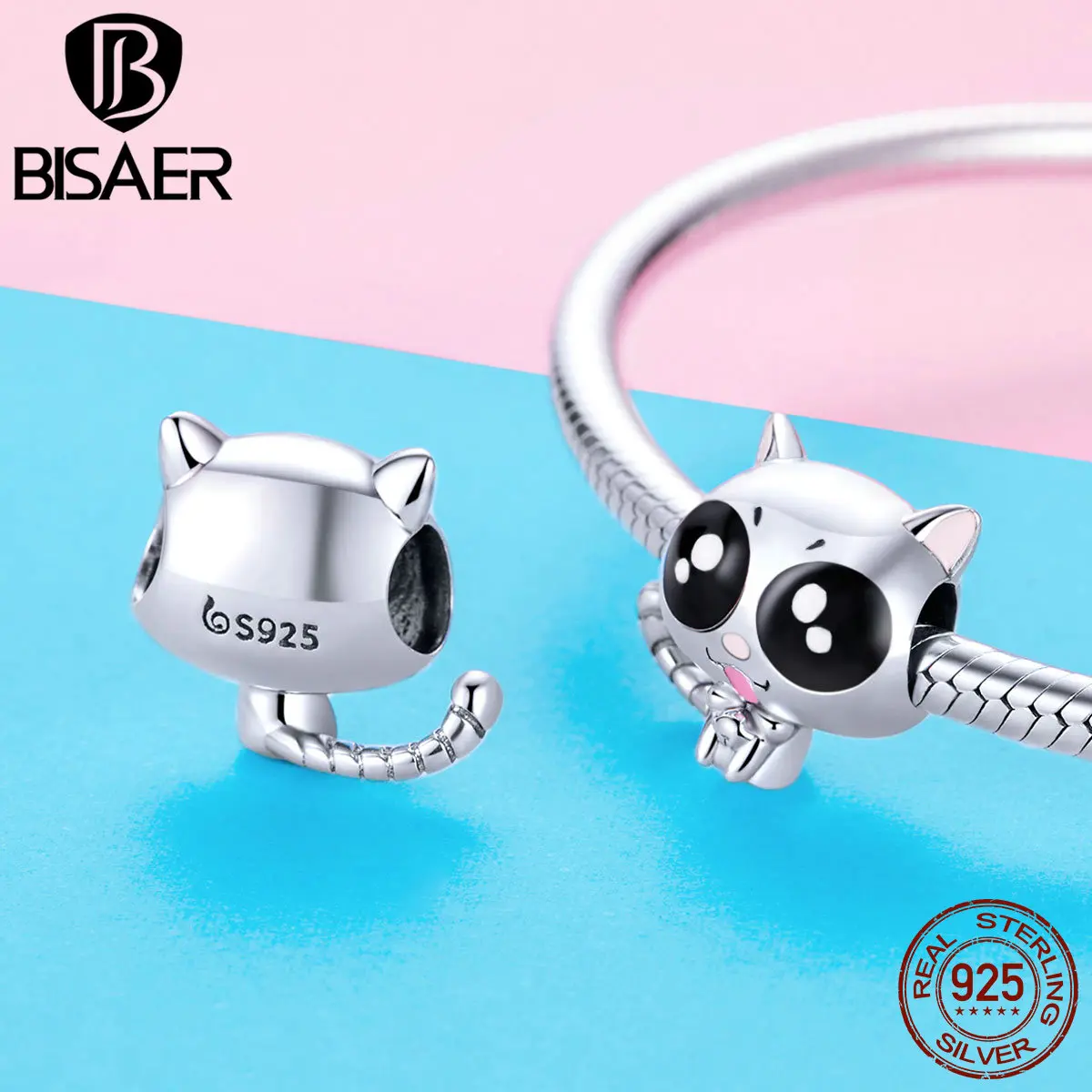 BISAER,, 925 пробы, серебро, кот, котенок, мяу, подвески, милые бусины в виде животных, подходят для браслета, серебро, сделай сам, ювелирное изделие EFC055