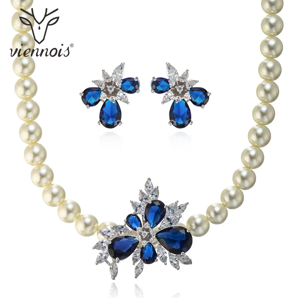 Viennois Синий Циркон Rhinestone позолоченный Имитация Ювелирные изделия из жемчуга набор для женская свадебная горный хрусталь проложили Свадебные украшения