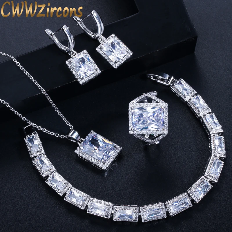 CWWZircons Classic Princess Cut Engagement Party CZ Zircon Bracelet Ring Necklace and Earring Jewelry Set for Bridesmaids T309|Ювелирные