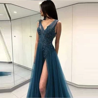 sexy v neck evening dress long side split tulle with lace appliqued beading sleeveless evening gowns party gowns robe de soiree