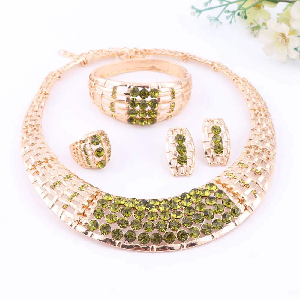 Женский комплект ювелирных украшений с зелеными кристаллами ожерелье золотого