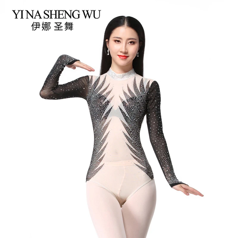 

New Adult Sexy Leotard Long Sleeves With Rhinestone Bodysuit Dancewear Belly Ballet Dance Gymnastics Practice Clothes 2 Colors