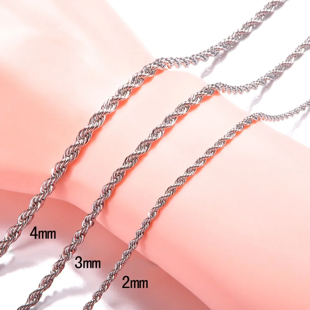 

Top Quality 2/3/4MM Silver Rope Chain Necklace Women Men Chokers Necklaces 16/18/20/22/24/26/28/30 Inch Pendant Findings