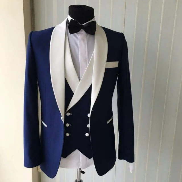 

High Quality Blue With White Collar Groom Tuxedos Wedding Party Dinner Business Suits Blazer (Jacket+Pants+Vest+Tie) NO:1019
