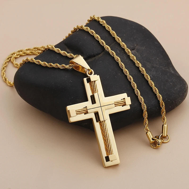 KALEN Shiny Three Layer Cross Chain Necklaces For Men 4 Color Stainless Steel Pendant Male Choker Jewelry Accessory|Ожерелья с