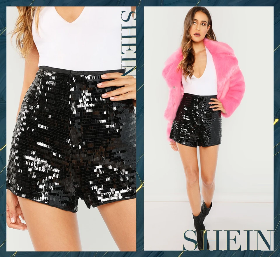 SHEIN Стильные Одноцветные Шорты С Блестками Женские Летние Черные Шорты На Молнии С Пайетками