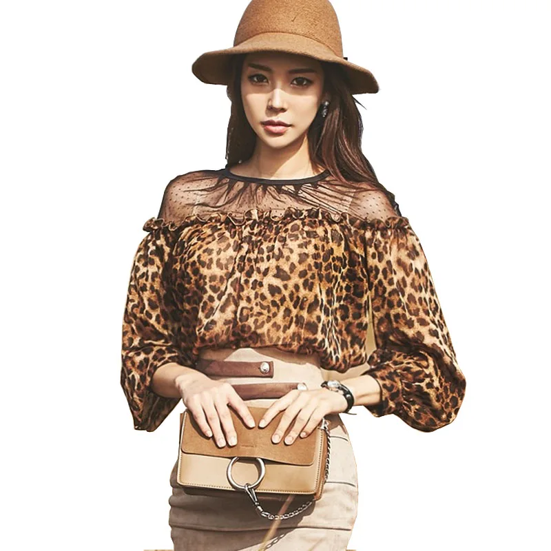 Корейский Для женщин Элегантный Leopard Блузка Топы корректирующие сетки лоскутное