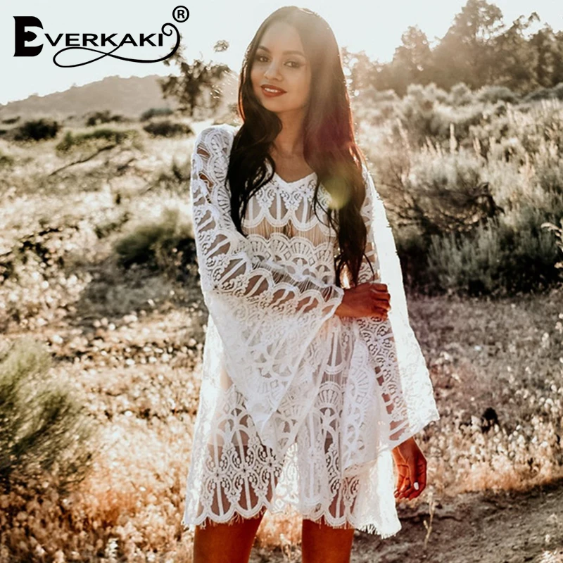 Everkaki Boho прозрачное кружевное мини-платье для женщин пляжный комбинезон