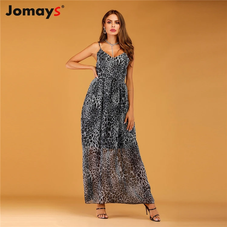 2019 Summer Sling Leopard Spaghetti Strap Dress Women Chiffon Sexy Sleeveless Club Party Long Maxi Dresses Vestido | Женская одежда