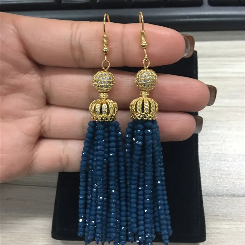 

High Quality Beadee Long Tassel Earrings for Women Tassel Charm with Paved CZ Ball and Crown Women Statement Drop Earrings