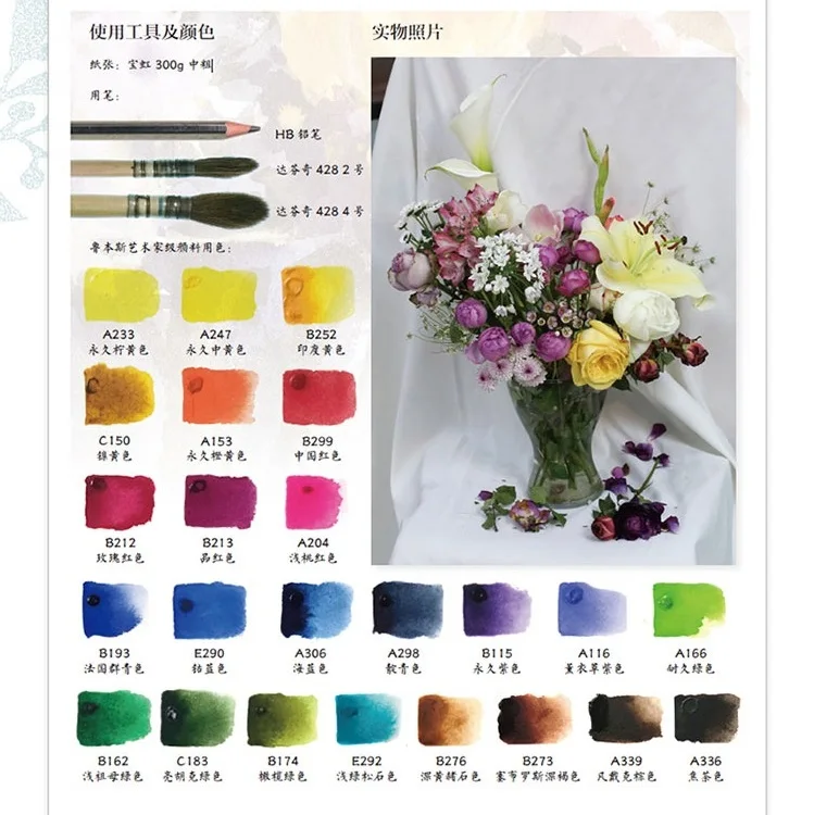 Основное вводное учебное пособие с изображением цветов и натюрморта акварель