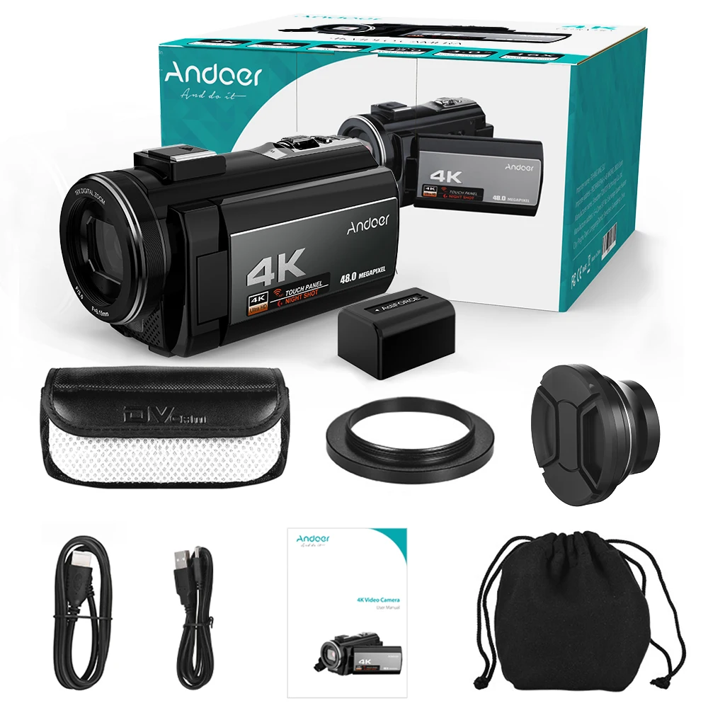 Цифровая видеокамера Andoer для домашнего использования 4K 48 МП Wi Fi с широкоугольным