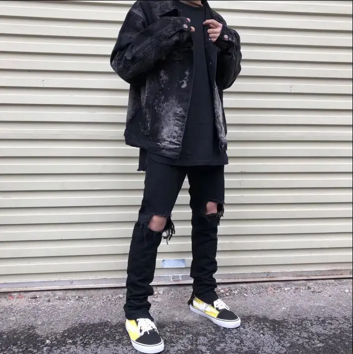 2019 Tide models Europe and America hole zipper jeans high street trend men's wild black Slim | Мужская одежда