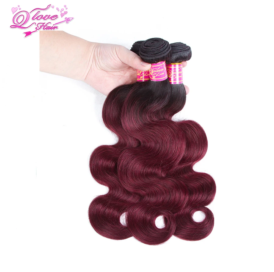 Queen Love Hair предварительно цветные Омбре перуанские Волосы на теле 1B 99J/бордовый
