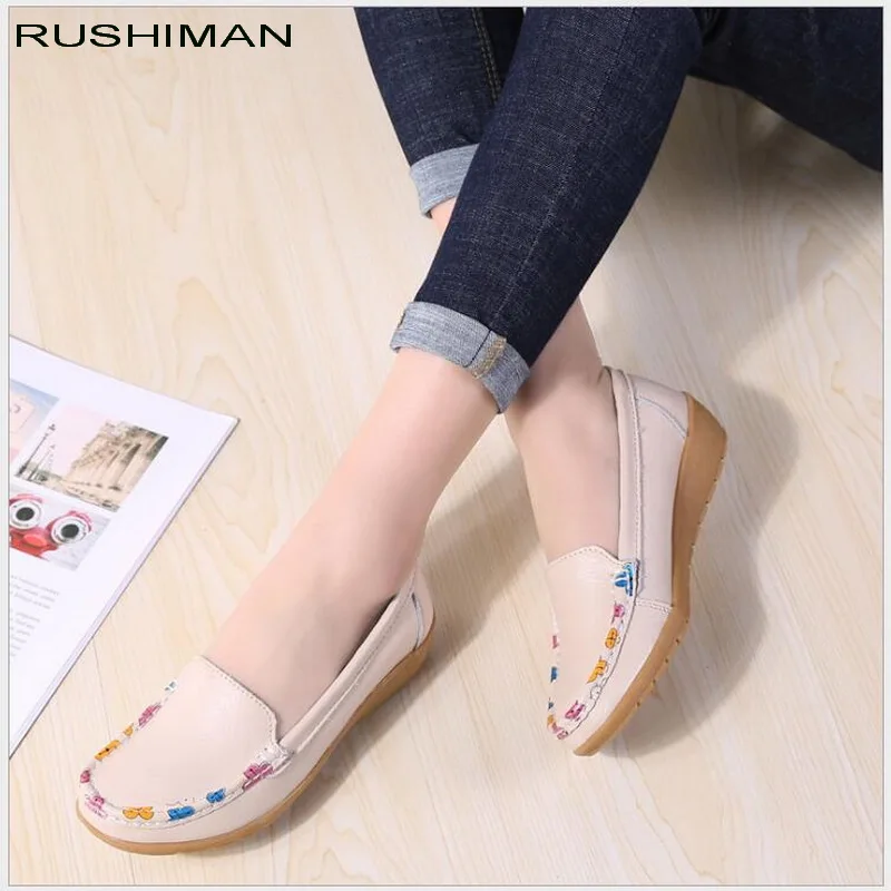 RUSHIMAN 2021 Spring Women Flats Shoes Genuine Leather Shoes Woman Printed Loafers Breathable Ballet Flat Ballerina Flats