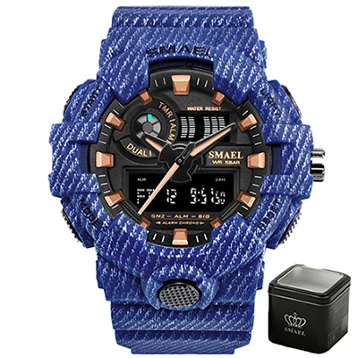 Dark Blue with box Для мужчин часы белый Dual Time SMAEL Спорт Часы Будильник 8001 Военная Униформа армии наручные часы водонепроницаемые мужские часы relogio masculino - Цвет: Dark Blue with box