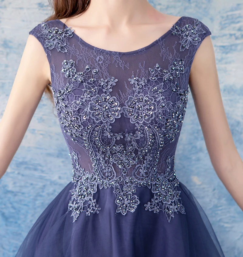 

SSYFashion New Elegant Banquet Cocktail Dress Sleeveless Lace Flower High/low Asymmetrical Purple Party Gown Formal Dresses