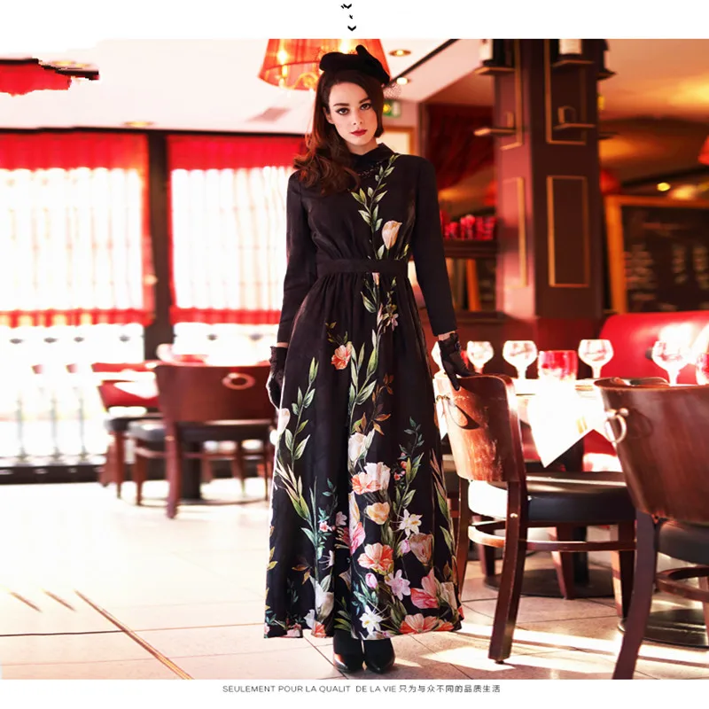 Винтажные жаккардовые цветы принт женские платье макси 2017 новые осенние зимние с