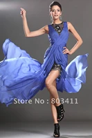 Free Shipping New Arrival Glorious Sleeveless Blue Chiffon Black Lace 2-colors Evening Dress