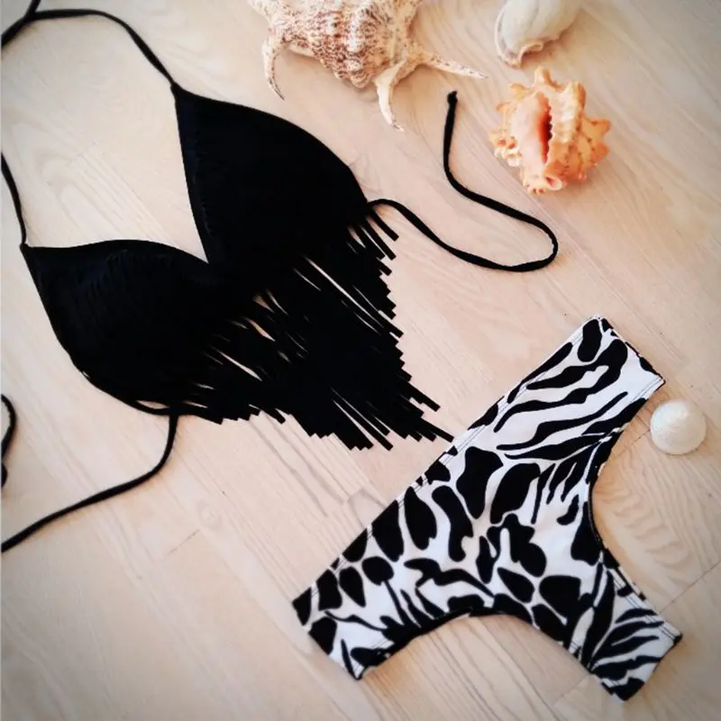 Women Sexy Bikini Set Halter V-Neck Irregular Long Tassels Bra Low Waist Retro Zebra-Stripes Leopard Printing Thong Swimsuit |