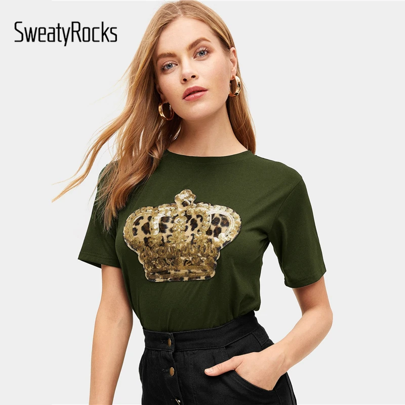 SweatyRocks контрастная Футболка с блестками и леопардовым принтом армейская зеленая уличная одежда майки в стиле преппи Летние повседневные женские стильные футболки