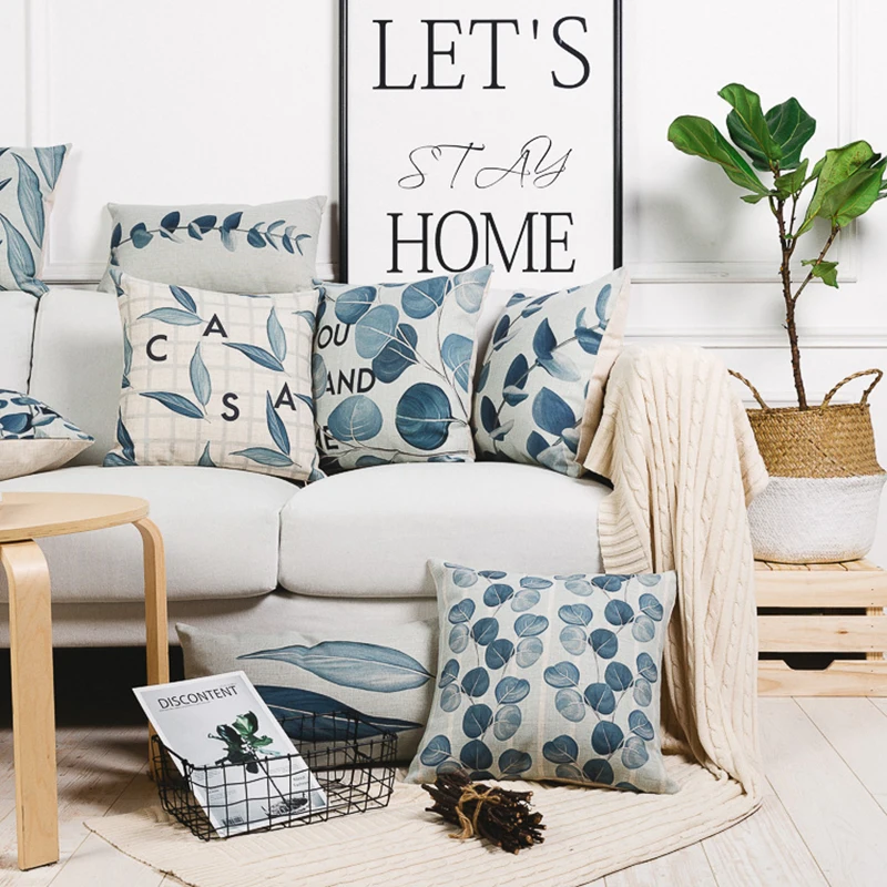 Wholesales Pillow Cover Vintage Blue Leaves Plant Floral Cushion Home Decorative Case 45x45cm/30x50cm | Дом и сад