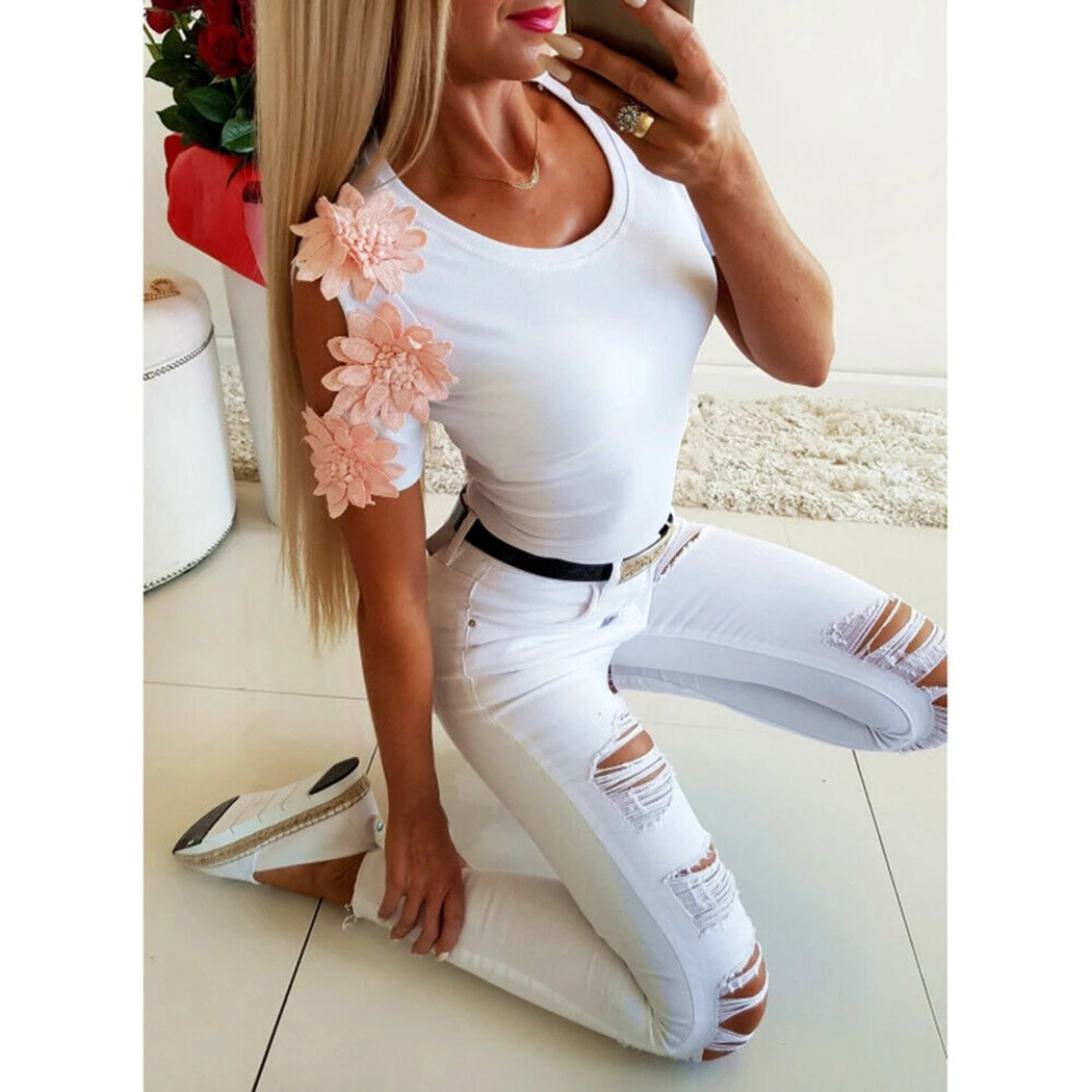 2019 летние Для женщин выдалбливают футболки с длинными рукавами и цветочным