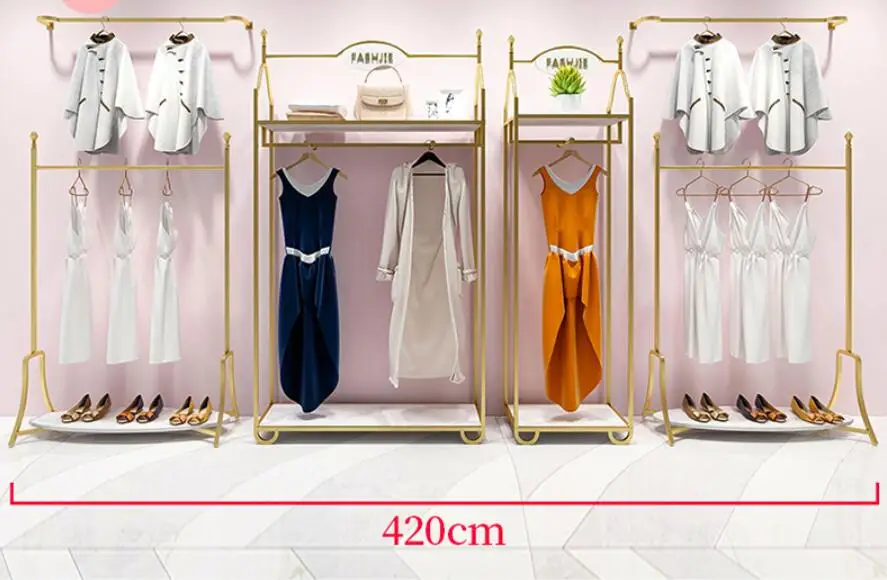 Europe type gold dress shop rack rack high grade clothes rack shoes bag double layer clothing display rack