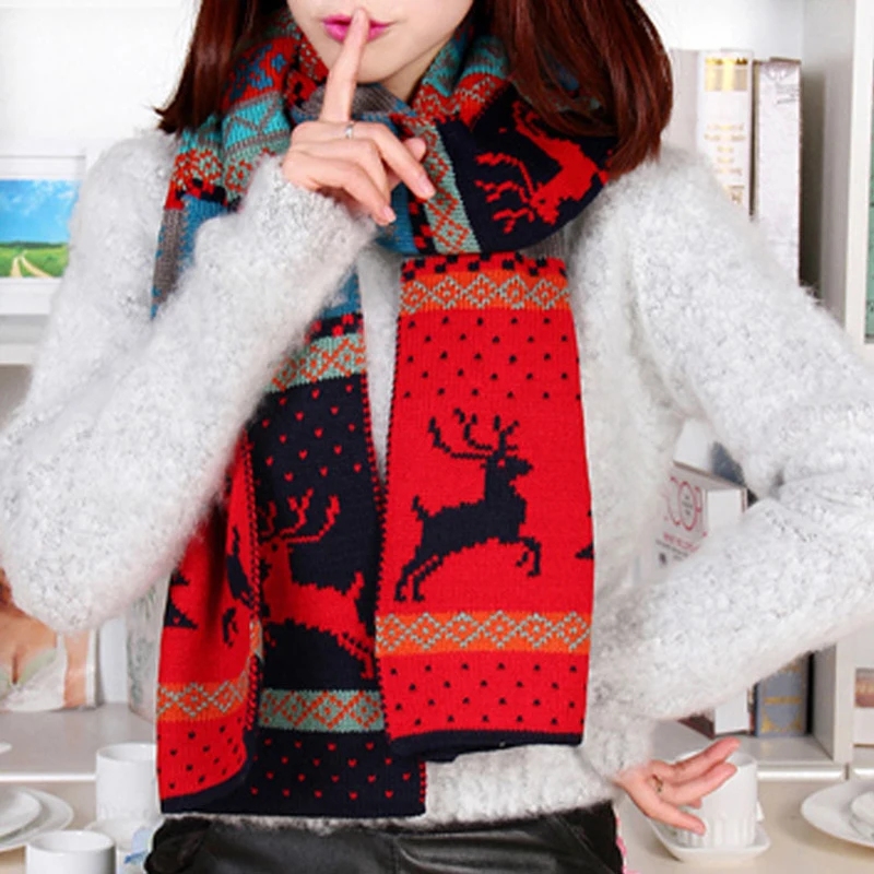 Зимний новый женский Рождественский вязаный шарф с принтом оленя женские теплые