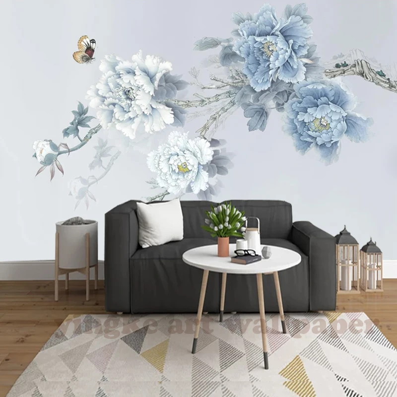 Фотообои в китайском стиле картина маслом ТВ-фон 3D обои для стен синий пион