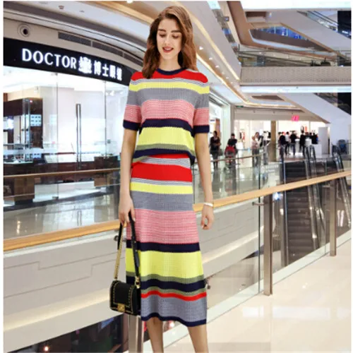 Photo Color Женский костюм-двойка SMTHMA, вязаный костюм с топом с коротким рукавом и с юбкой в стиле бохо, лето - Цвет: Photo Color