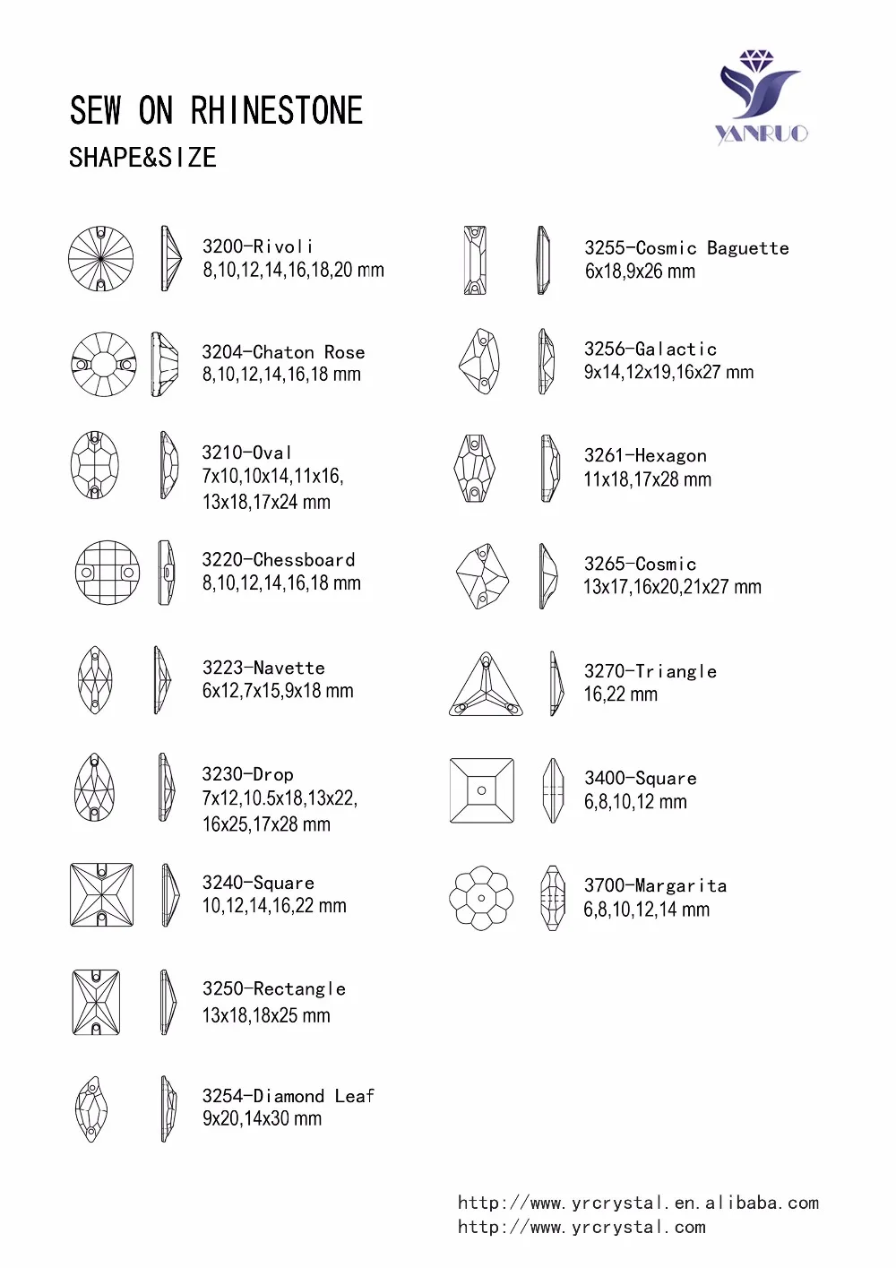 Искусственные камни и кристаллы для рукоделия YANRUO 3265 Cosmic все размеры