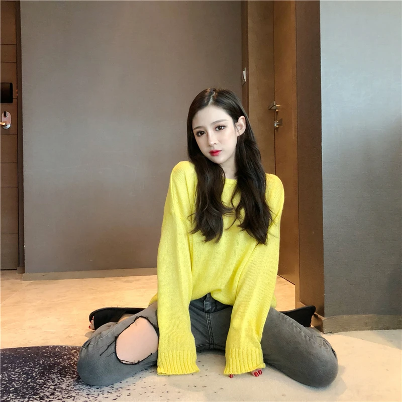 Осенние женские Свитера повседневные уличные с круглым вырезом длинным рукавом