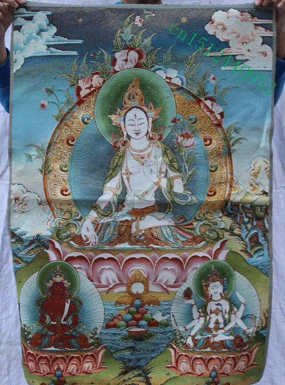 

36 inch Chinese Silk embroidery 7 eyes White Tara Goddess Thangka Painting Mural