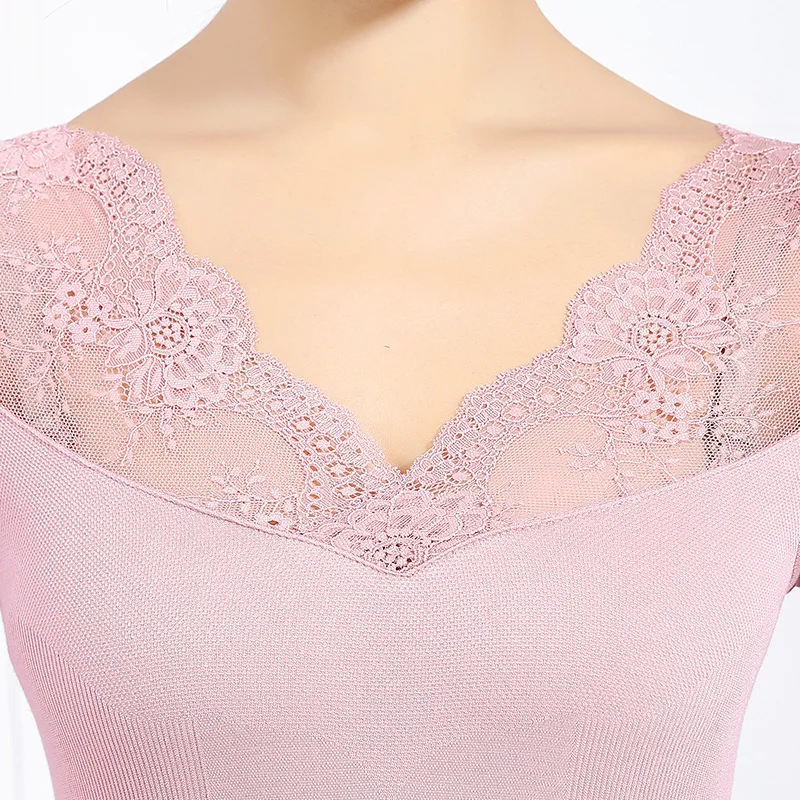 4 Colors Body Slimming One-piece Seamless Underwear Modal Lace Female Postpartum Shapers V collar Long Sleeve Bottoming Shirt | Женская