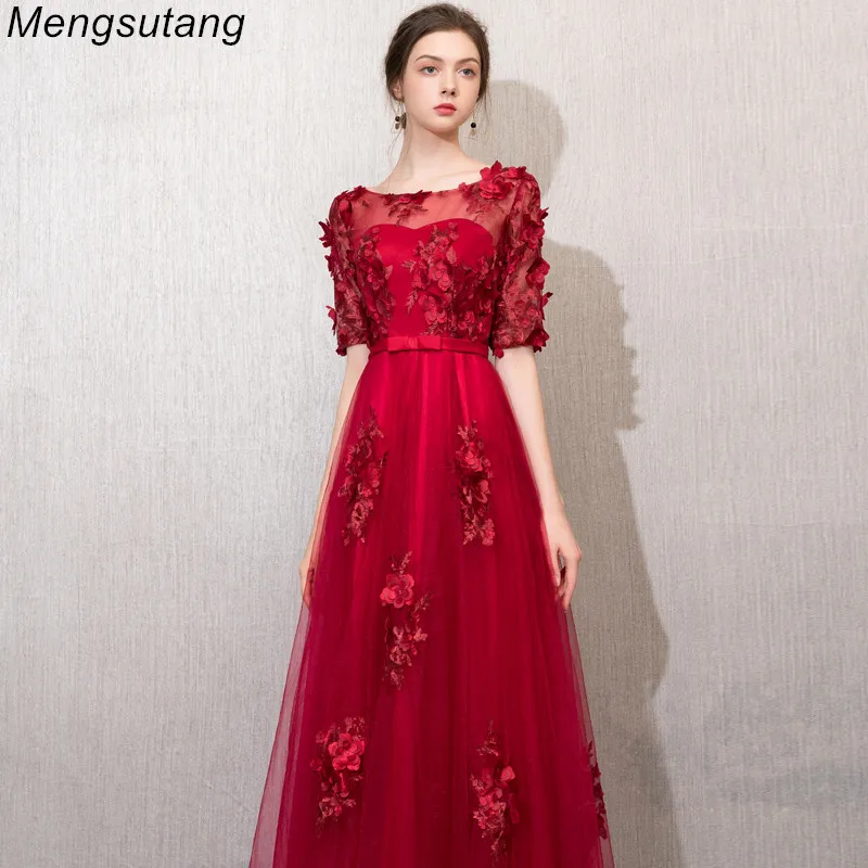 Robe de soiree винно Красное длинное вечернее платье с круглым вырезом и аппликацией