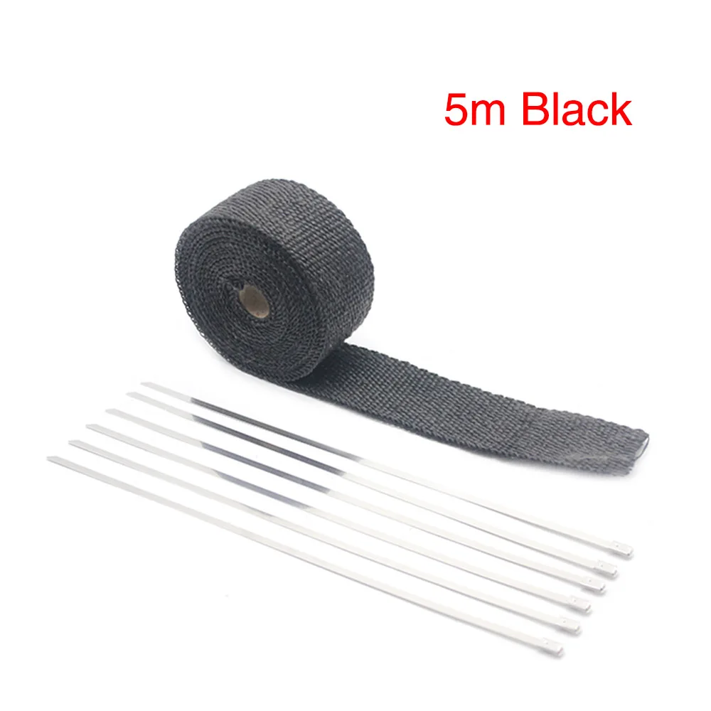 5M Black ZSDTRP 5 см* 5 м 10 м 15 м черный/титан/серебристый выхлопной тепла обёрточная бумага рулон Мотоцикл стекловолокна тепловой щит лента с нержавеющими стяжками - Цвет: 5M Black
