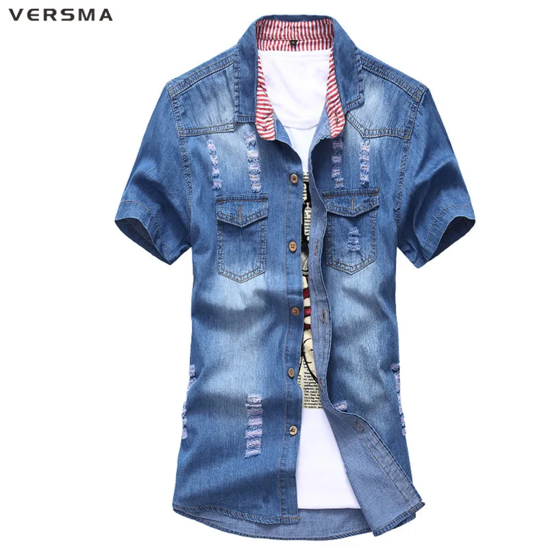 VERSMA 2017 лоскутное короткий рукав синяя ковбойская Wo Для мужчин s Distressed джинсовая