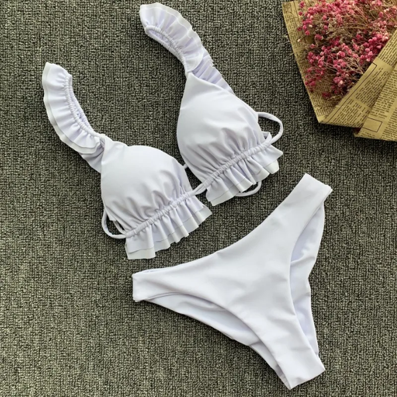 Sexy Solid Color Ruffled Bikini Back Tether Swimsuit Female Separate Holiday Women's Swimming Suit European and American Style | Женская