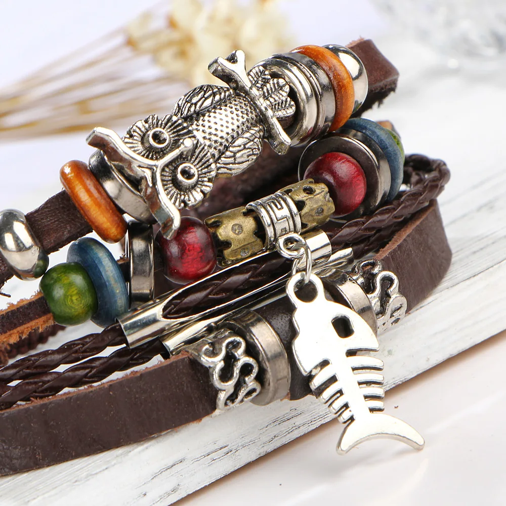 Punk Design Turkish Owl Bracelets For Men Woman New Fashion Wristband Female Leather Bracelet Stone Vintage Jewelry | Украшения и