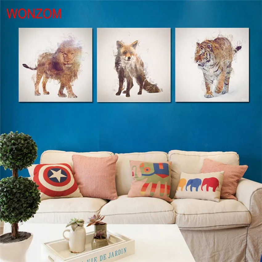3 шт. в раме с изображением тигра Льва лисы животных холст художественная