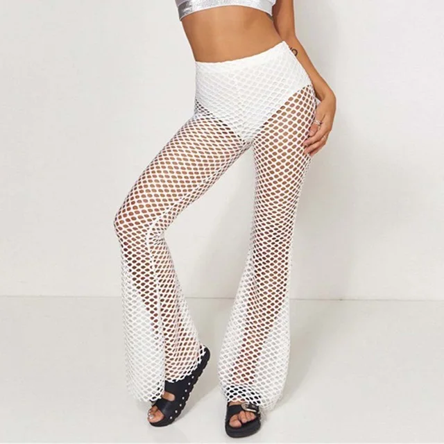 

Tunic Fishnet Beach Flare Pants New Arrival Summer Autumn Women Trousers Hollow Out Fishnet Black Costume Beachwear Chic Outfits